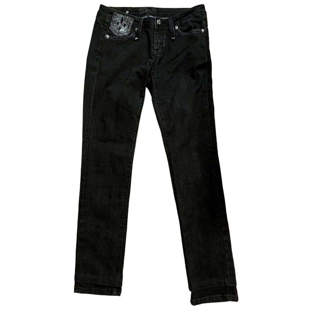 Miss Me women's black denim jeans size 28, straight legs, embellished